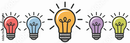 Colorful vector icon sheet with five lightbulbs, one brightly lit – Ideal for innovation, leadership, or idea-focused content.