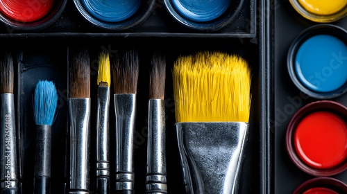 lay of color-coded makeup brushes and palettes in precise order