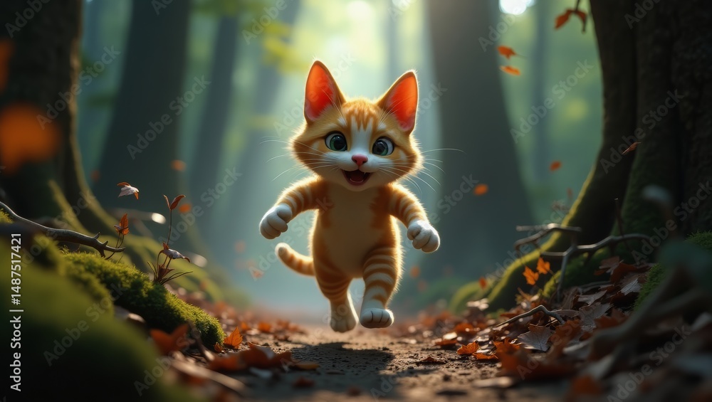 Fototapeta premium Playful orange tabby kitten happily exploring a sunlit forest trail amidst autumn leaves and tall trees