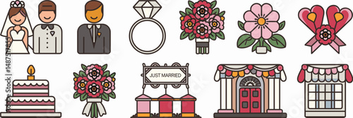 Colorful vector icon sheet of wedding items with bride and groom, ring, bouquet, and cake – Ideal for wedding stationery, event branding, or romantic designs