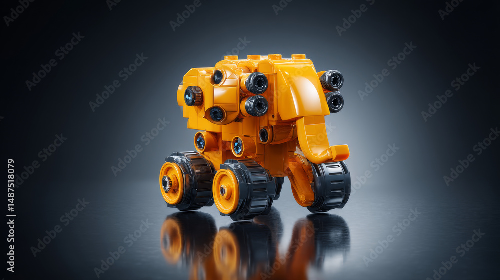 Fototapeta premium Bright yellow toy elephant made of blocks, showcasing creativity and imagination.