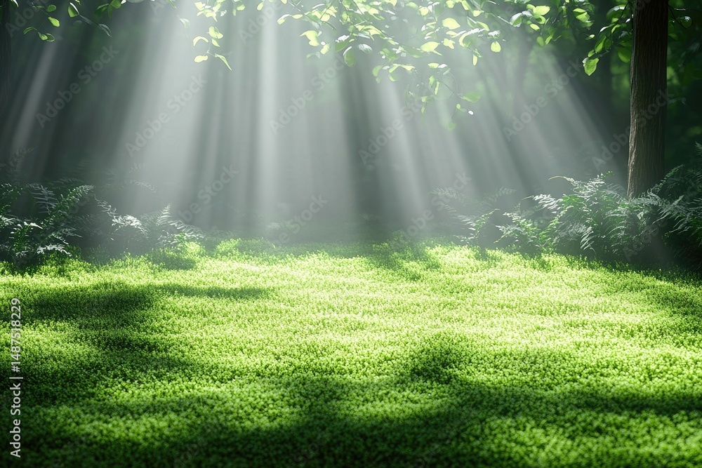 Obraz premium Sunbeams shine through trees onto a mossy forest floor, illuminating it. Use this nature background for magical, whimsical, and fantasy concepts.