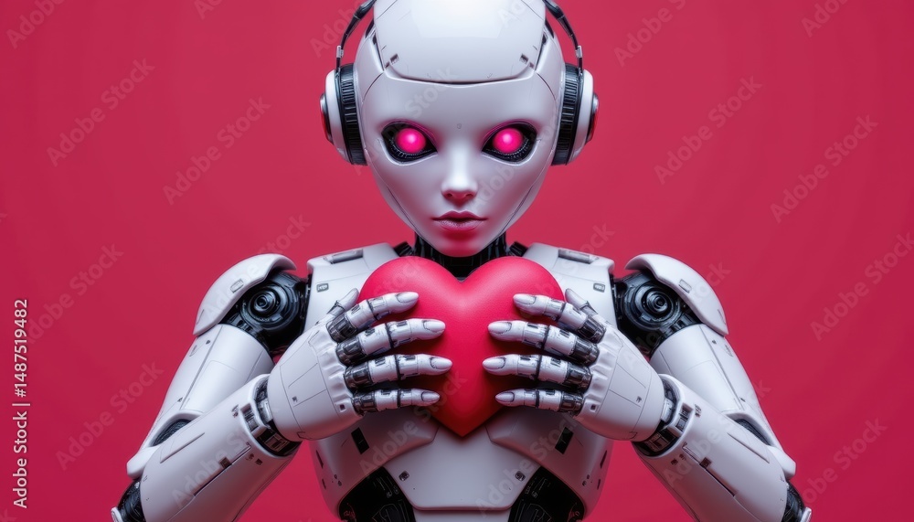 Futuristic Robot Holding a Heart Symbolizing Love and Emotion in a Pink Environment Futuristic Robot Holding a Heart Symbolizing Love and Emotion in a Pink Environment
