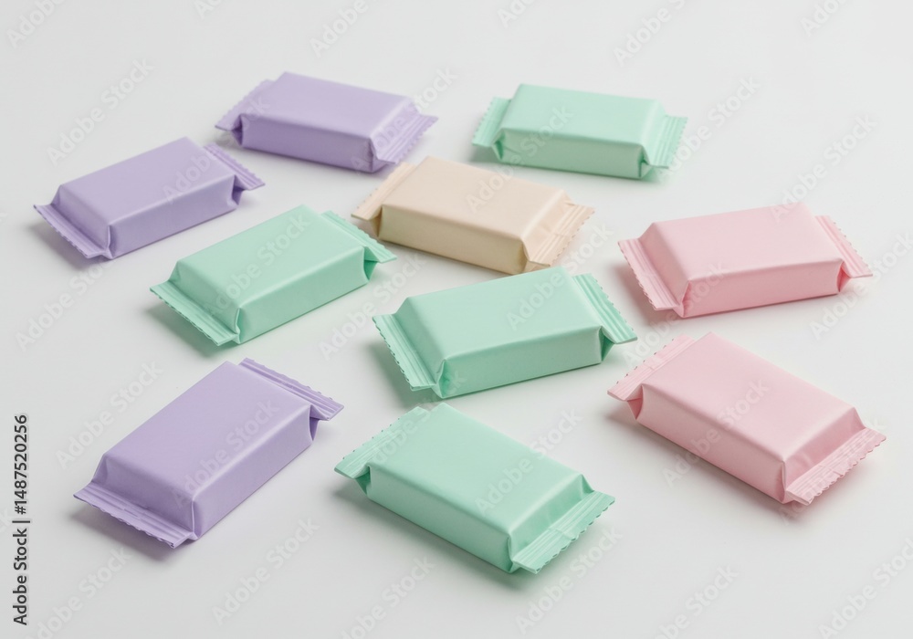 Fototapeta premium Pastel colored candy bars arranged on white background for minimalist aesthetic