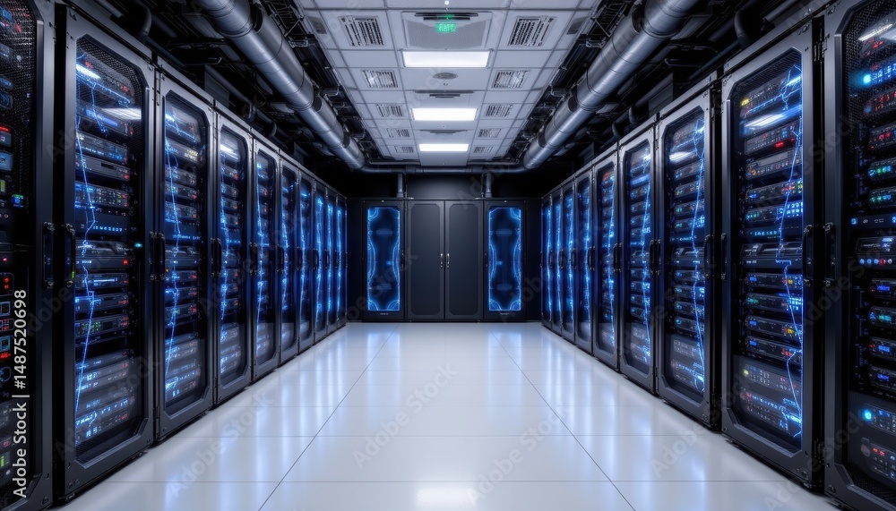 Fototapeta premium High-Tech Server Room with Illuminated Racks and Advanced Data Storage Solutions