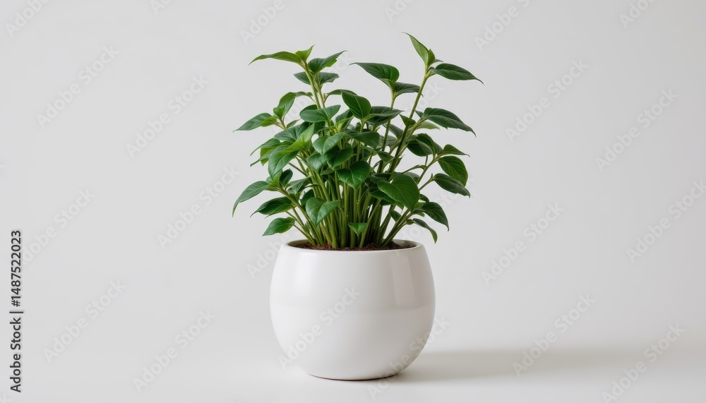 Lush Green Plant in a White Ceramic Pot on a Light Background with Minimalist Aesthetic Lush Green Plant in a White Ceramic Pot on a Light Background with Minimalist Aesthetic
