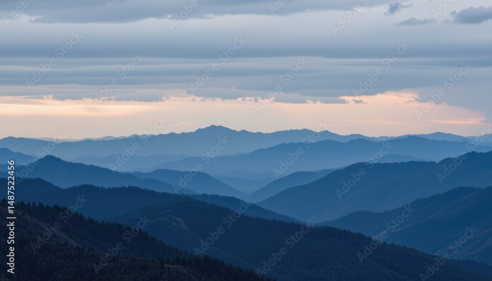 Majestic Mountain Range Under Soft Clouds at Dusk with a Beautiful Horizon View Majestic Mountain Range Under Soft Clouds at Dusk with a Beautiful Horizon View