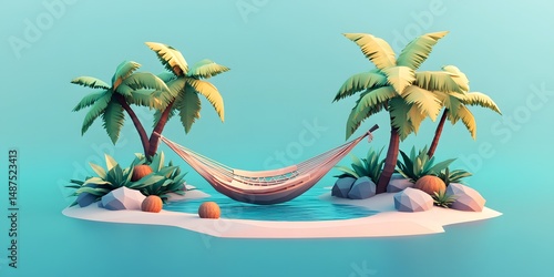 Low-poly tropical island with hammock and palms