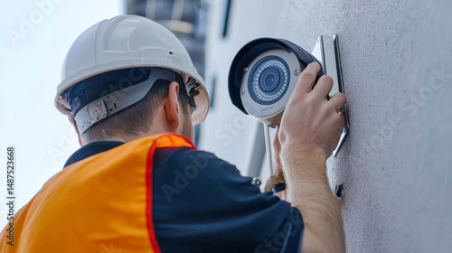 Professional installing surveillance cameras to secure the area