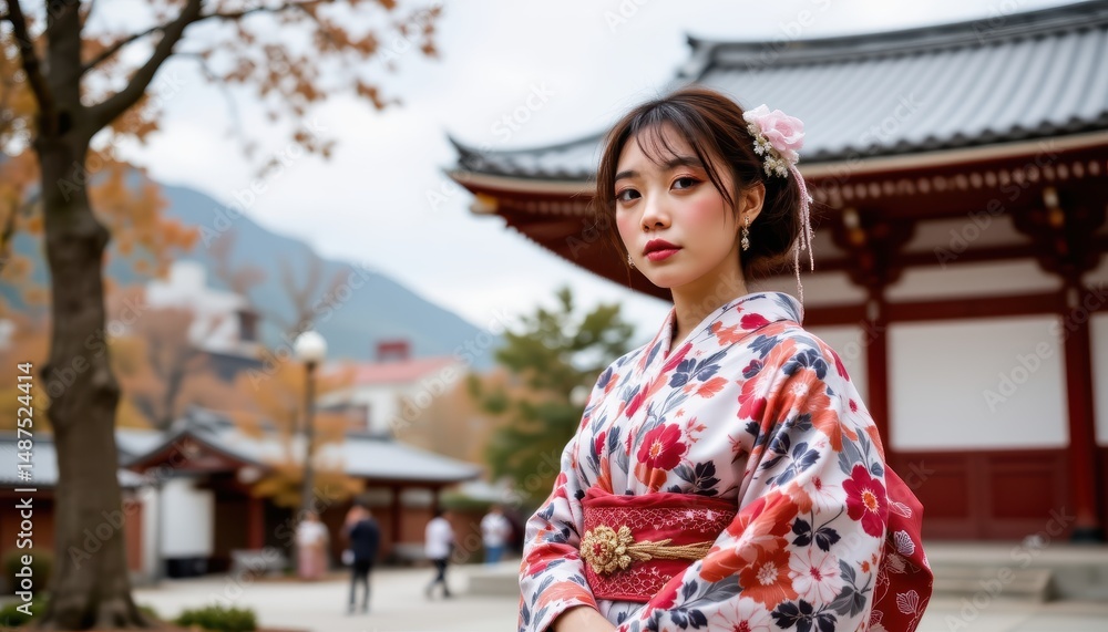 Fototapeta premium Portrait of a Young Woman in Colorful Kimono near Traditional Japanese Temple in Autumn