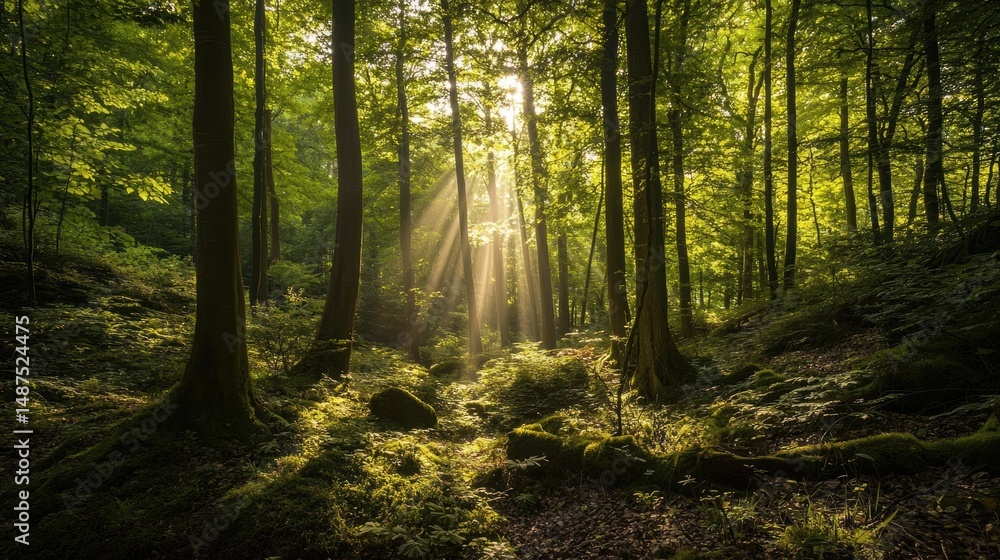 Obraz premium Serene Sunlight Filtering Through Dense Green Forest Canopy Evoking Tranquility and Natural Beauty