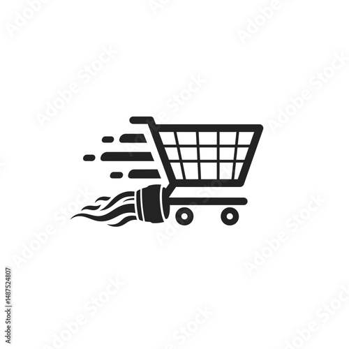 Rapid Cart: A dynamic black and white illustration of a shopping cart propelled forward, symbolizing speed and efficiency.
