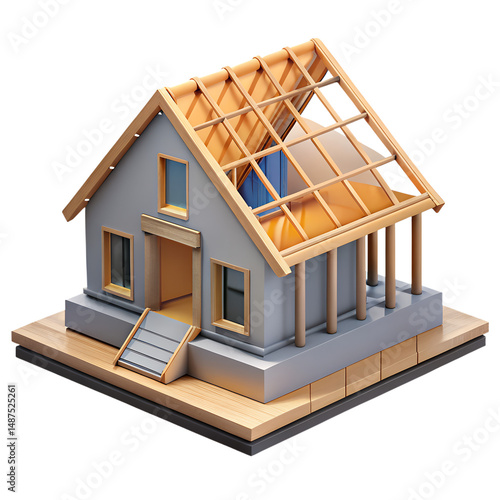 Fototapeta Naklejka Na Ścianę i Meble -  House under construction 3d model showing building stages high quality 3d rendering icon on transparent background