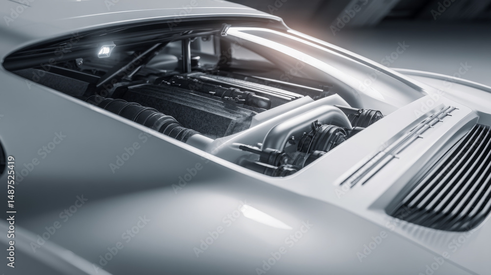 Fototapeta premium Close-up view of a modern car engine showcasing sleek design and innovative technology.