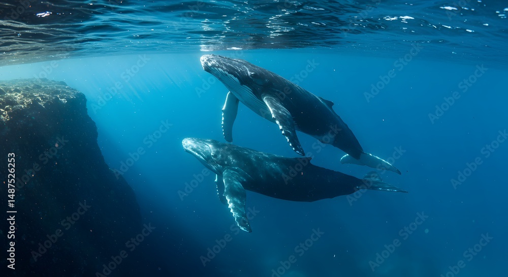 Naklejka premium Graceful Giants: Two Humpback Whales Glide Through the Ocean Depths