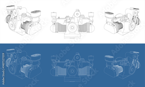 Set Engineering Blueprint of a 1600cc dual port Air cooled vintage car Engine in Multiple Angles

