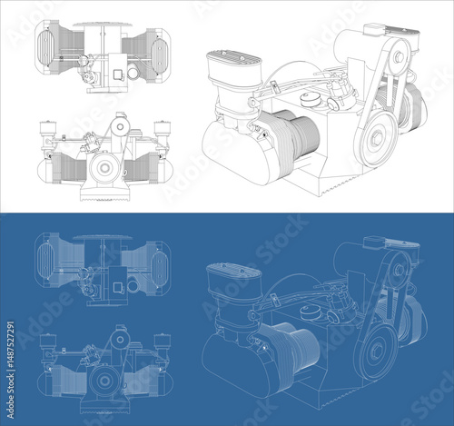 Set Detailed Line drawing of a 1600cc dual port Air cooled car Engine with Technical Blueprint Views

