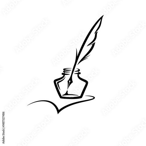 Inkwell and Quill's Literary Essence: An elegant inkwell, graced by a delicate quill pen, conjures the essence of literature, writing, and creative inspiration with its simplicity.