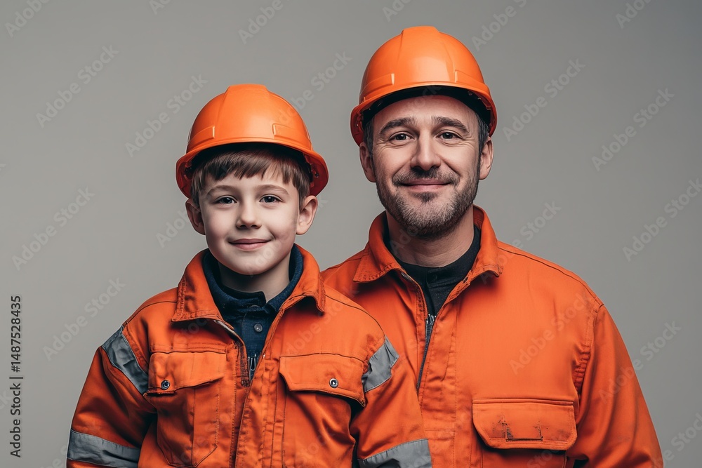 A father and son construction worker duo, wearing matching uniforms and smiling at the camera, clean and professional composition, copy space, natural color, minimalism, stock photography A father and son construction worker duo, wearing matching uniforms and smiling at the camera, clean and professional composition, copy space, natural color, minimalism, stock photography