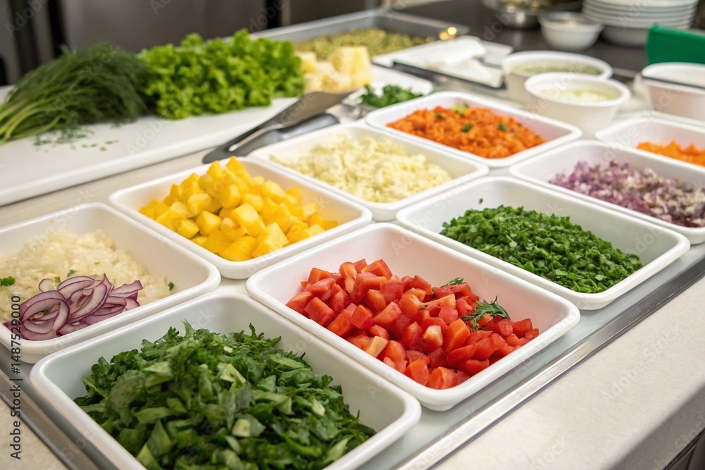 Well-organized mise en place with chopped veggies, herbs in trays—perfect culinary prep setting.
Well-organized mise en place with chopped veggies, herbs in trays—perfect culinary prep setting.
