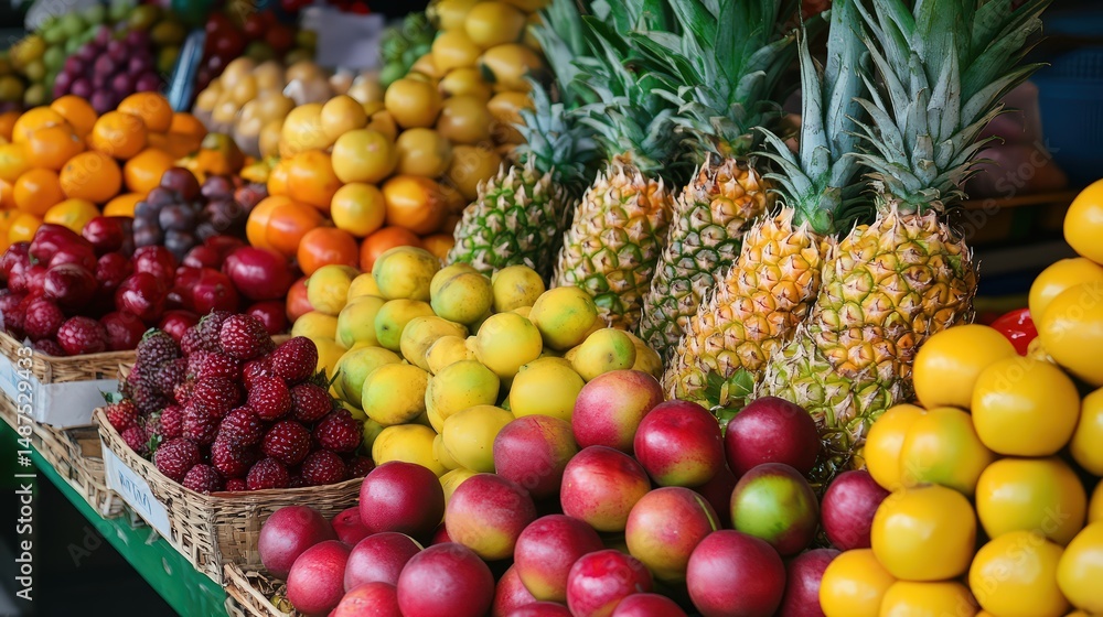 Vibrant display of fresh fruits in a marketplace offering a colourful and healthy choice Vibrant display of fresh fruits in a marketplace offering a colourful and healthy choice