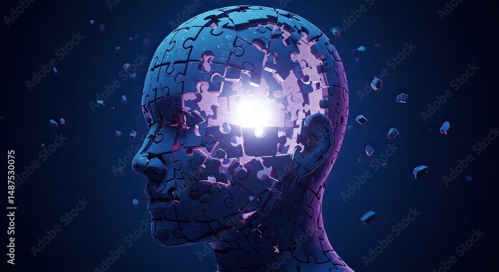 Naklejka premium Abstract human figure with puzzle pieces disintegrating in dark space 
