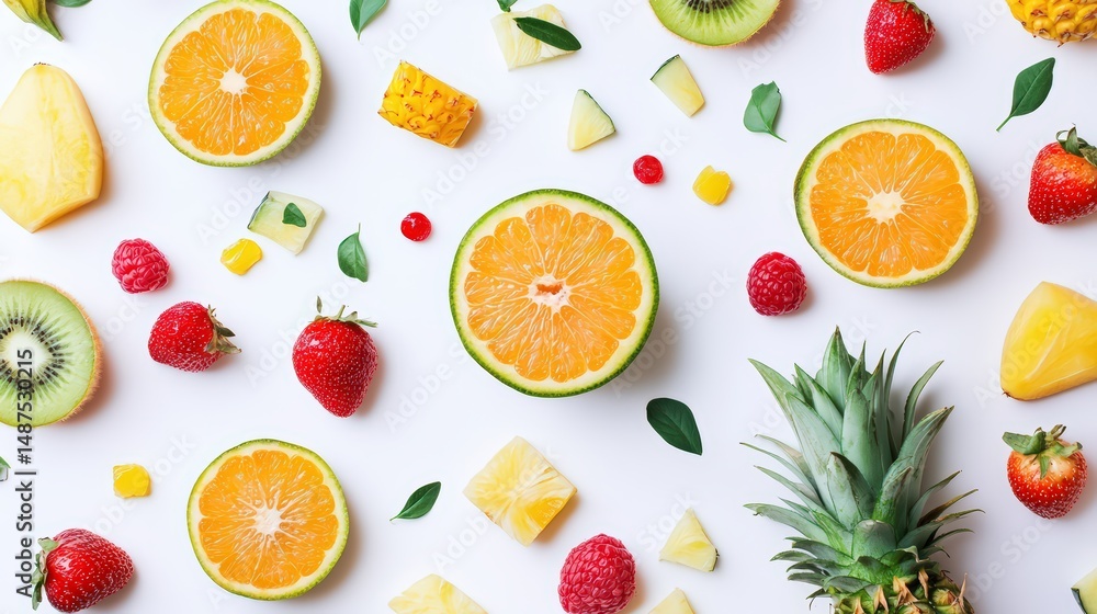 Vibrant Fresh Fruit Pattern on White Background for Healthy Food Concepts Vibrant Fresh Fruit Pattern on White Background for Healthy Food Concepts