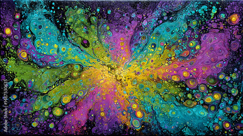 inspired paint explosion with vibrant colors radiating in all directions