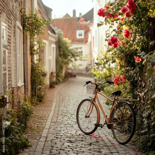 Vintage Bicycle Leaned Against a Pink Rose Covered Wall on Cobblestone Street