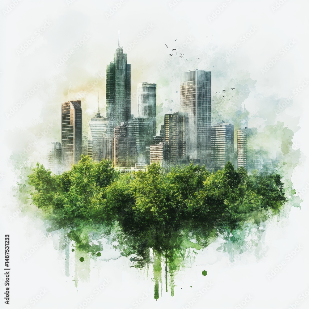 Fototapeta premium Watercolor City Skyline Emerging from Lush Green Trees