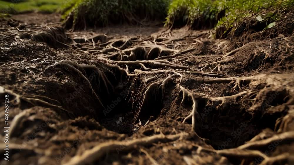 Exposed roots intertwine in a grassy clearing, creating intricate patterns on the ground, revealing a captivating interplay of nature Exposed roots intertwine in a grassy clearing, creating intricate patterns on the ground, revealing a captivating interplay of nature