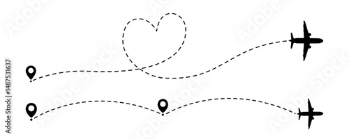 Airplane dotted line route from the starting point vector design set. Travel with an airplane dotted line path. Heart route, going, curved, location, airplane route set transparent PNG background.
