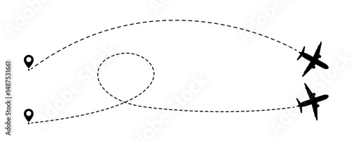Airplane dotted line route from the starting point vector design set. Travel with an airplane dotted line path. Heart route, going, curved, location, airplane route set transparent PNG background.