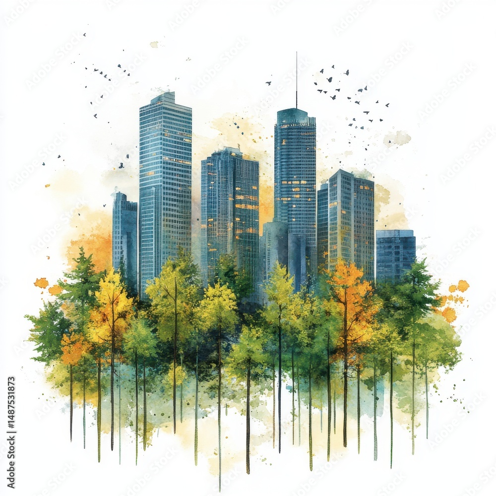 Obraz premium Watercolor Cityscape Emerging from Lush Forest at Sunset