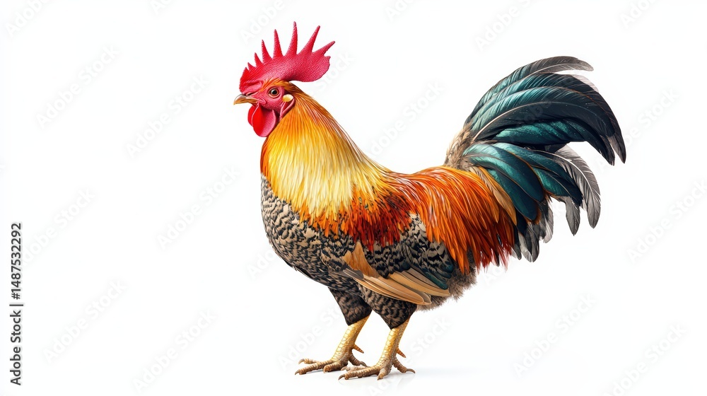 Fototapeta premium Vibrant plumage of a proud rooster standing tall against a clean background