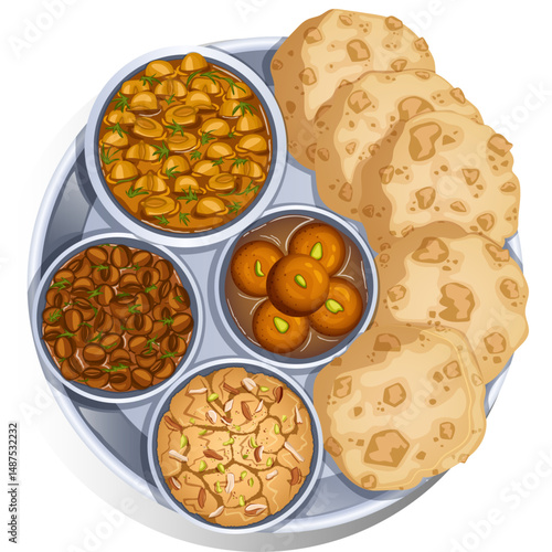 Chole Bhature or Halwa Puri Thali Flat Lay Illustration. Puri with Chickpea Curry, Black Chana Masala, Suji Halwa and Gulab Jamun. Popular Indian Street Breakfast Detailed Art