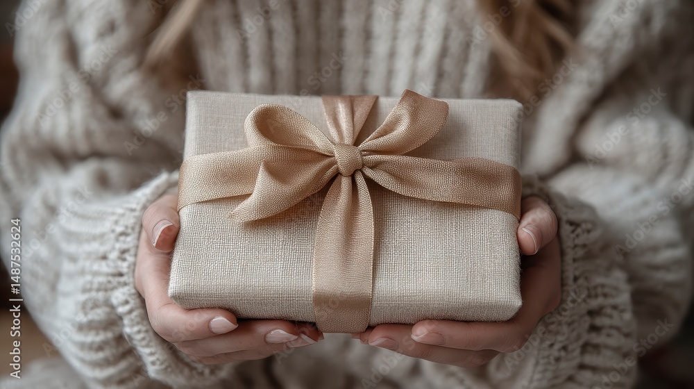 Gift presentation Hands holding wrapped present with ribbon, close-up, cozy Gift presentation Hands holding wrapped present with ribbon, close-up, cozy