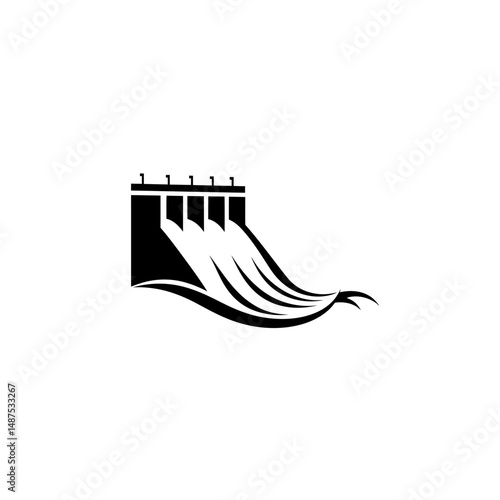Hydroelectric Dam Icon: A bold, stylized graphic of a hydroelectric dam, showcasing its structure and the powerful flow of water, symbolizing energy production and environmental sustainability.