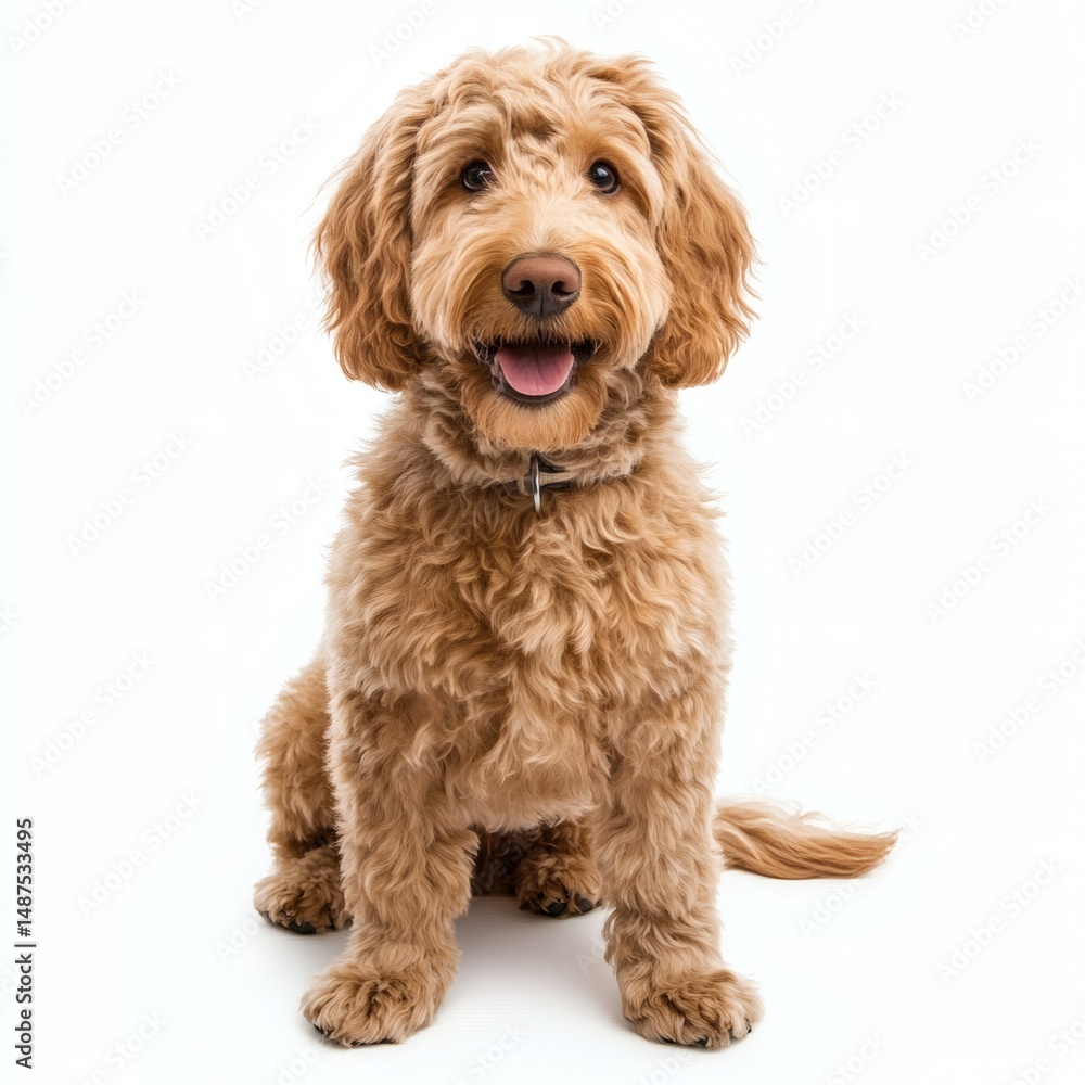 Goldendoodle dog sitting and looking at the camera isolated on a white background Goldendoodle dog sitting and looking at the camera isolated on a white background