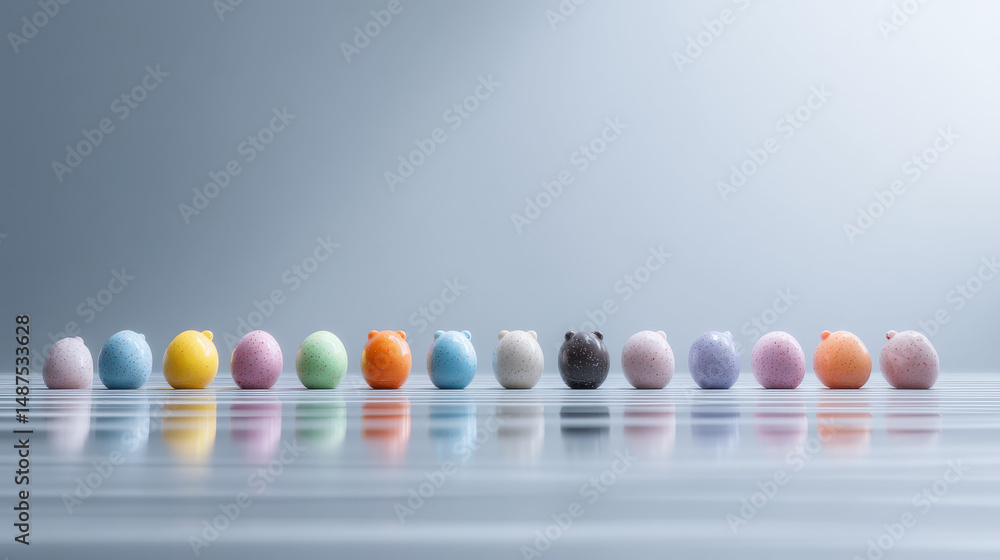 Naklejka premium Colorful decorative eggs arranged in a line on a reflective surface.