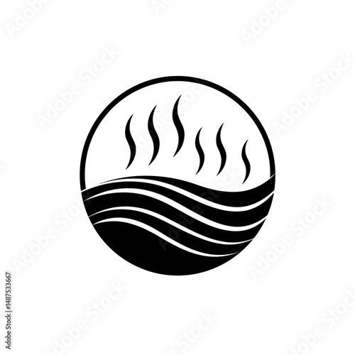 Steaming Hot Spa: A minimalist black and white illustration captures the essence of a tranquil spa, featuring stylized steam rising above gentle waves, conveying a sense of relaxation and warmth.