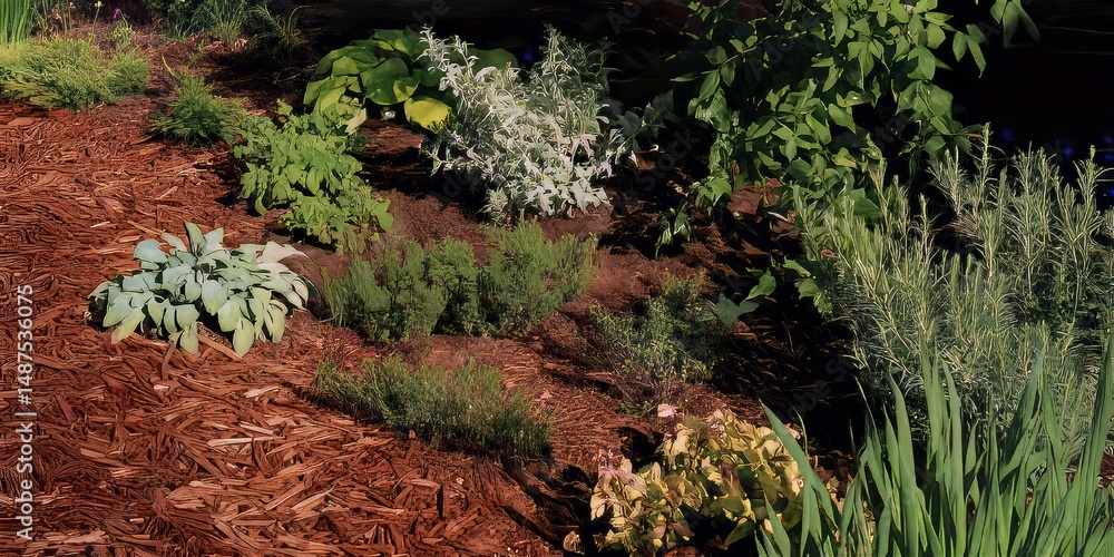 Fototapeta premium Lush Greenery and Healthy Plants: Organic Gardening and Landscape Design with Perennial Herbs and Vibrant Greens