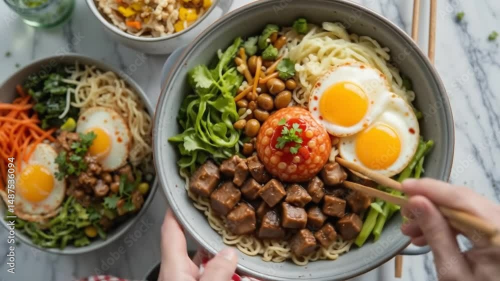 Asian Noodle Bowls with Quail Eggs and Beef Asian Noodle Bowls with Quail Eggs and Beef