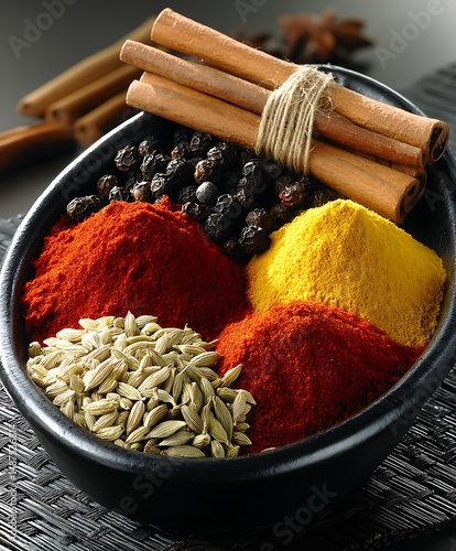 Fototapeta Naklejka Na Ścianę i Meble -  a dark bowl is filled with various cooking ingredients and spices. a pile of seed pods are at the front, while behind that is a mound of ground red spice