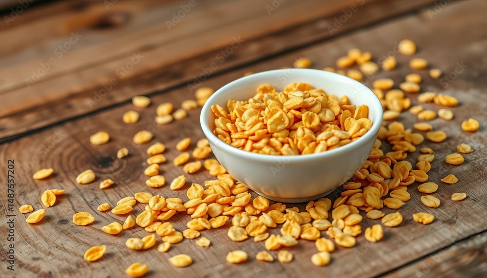 Golden cornflakes scattered around a white bowl on rustic wood , close-up, delicious Golden cornflakes scattered around a white bowl on rustic wood , close-up, delicious