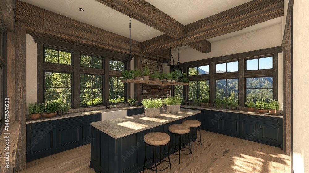Fototapeta premium Rustic kitchen design with mountain views.