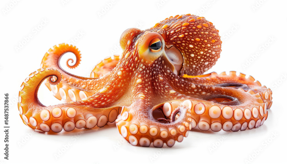 Fototapeta premium Vibrant octopus with spread tentacles showcases its intricate patterns and textures against solid background. This captivating marine creature exudes sense of wonder and beauty
