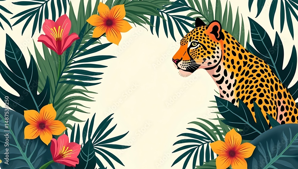 Flat illustration design of leopard animal arch surrounded by tropical palm leaves and colorful exotic flowers. Seamless boho floral pattern, vibrant jungle vibe, perfect for wallpaper, textiles, and Flat illustration design of leopard animal arch surrounded by tropical palm leaves and colorful exotic flowers. Seamless boho floral pattern, vibrant jungle vibe, perfect for wallpaper, textiles, and