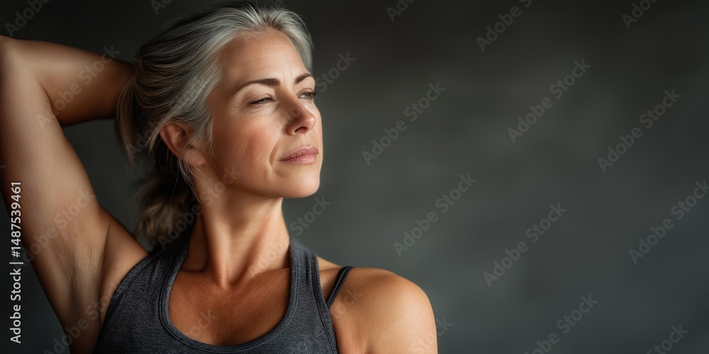 Obraz premium Middle aged woman stretching in workout outfit for healthy active lifestyle