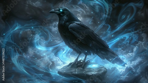 A black crow image with glowing eyes standing on a mystical stone surrounded by swirling blue magical energy in a fantasy inspired setting overlay cut out on isolated transparent removed background